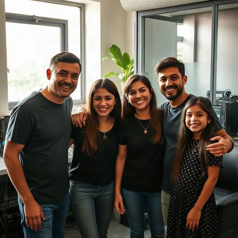 Retrato informal da família Alves na oficina da Pixelilumen em São Paulo
