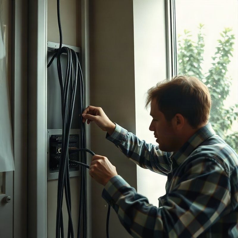 Técnico da Pixelilumen passando cabos Cat6 por conduíte em escritório em São Paulo