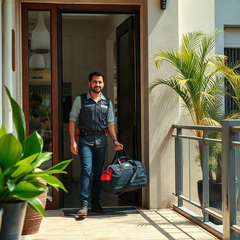 Técnico da Pixelilumen chegando à porta de apartamento em São Paulo com bolsa de ferramentas